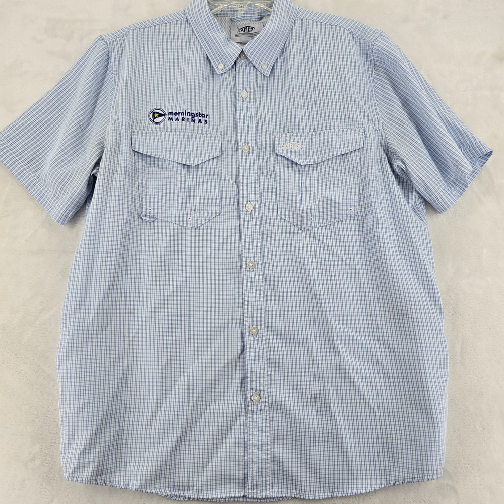AFTCO Performance Fishing Shirt‎ Mens L SS Button Down Plaid Morningstar Marina